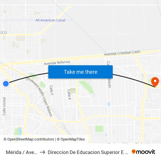 Mérida / Avenida Nayarit to Direccion De Educacion Superior E Investigacion Cetys Mexicali map