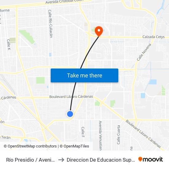 Río Presidio / Avenida Expropiación Petrolera to Direccion De Educacion Superior E Investigacion Cetys Mexicali map