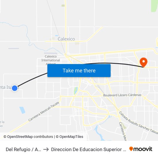 Del Refugio / Avenida Saturno to Direccion De Educacion Superior E Investigacion Cetys Mexicali map