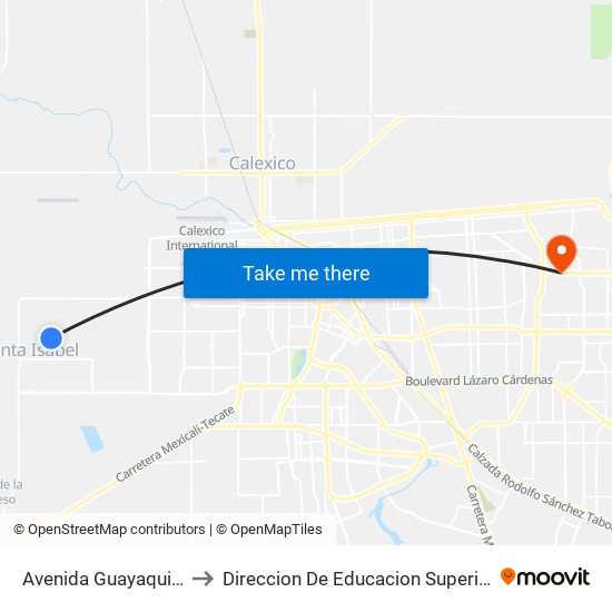 Avenida Guayaquil / Arroyo Calamajue to Direccion De Educacion Superior E Investigacion Cetys Mexicali map