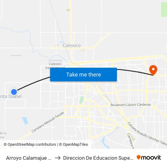 Arroyo Calamajue / Avenida El Portezuelo to Direccion De Educacion Superior E Investigacion Cetys Mexicali map