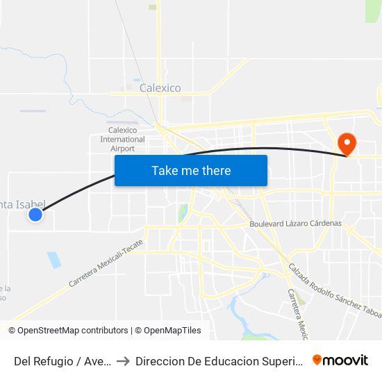 Del Refugio / Avenida Santa Dolores to Direccion De Educacion Superior E Investigacion Cetys Mexicali map