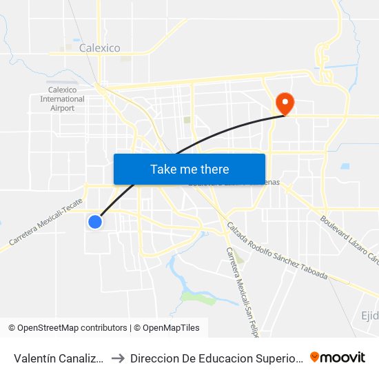 Valentín Canalizó / Los Coroneles to Direccion De Educacion Superior E Investigacion Cetys Mexicali map