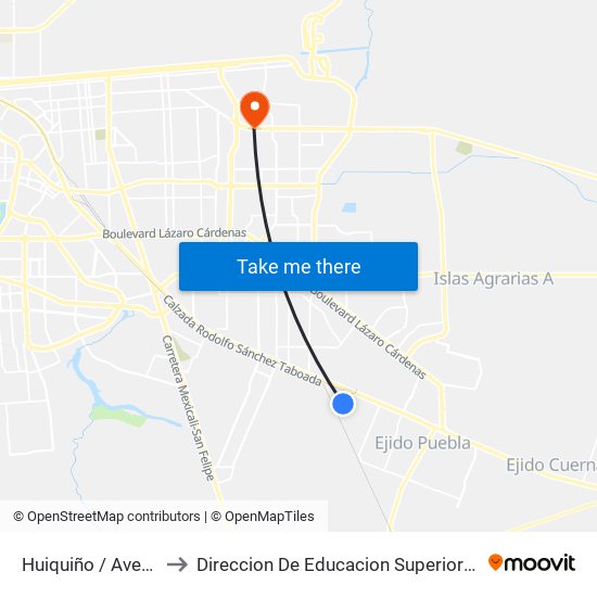 Huiquiño / Avenida Huazontles to Direccion De Educacion Superior E Investigacion Cetys Mexicali map