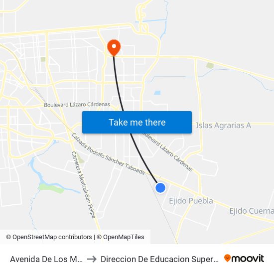 Avenida De Los Mosaicos / Chiquihuite to Direccion De Educacion Superior E Investigacion Cetys Mexicali map