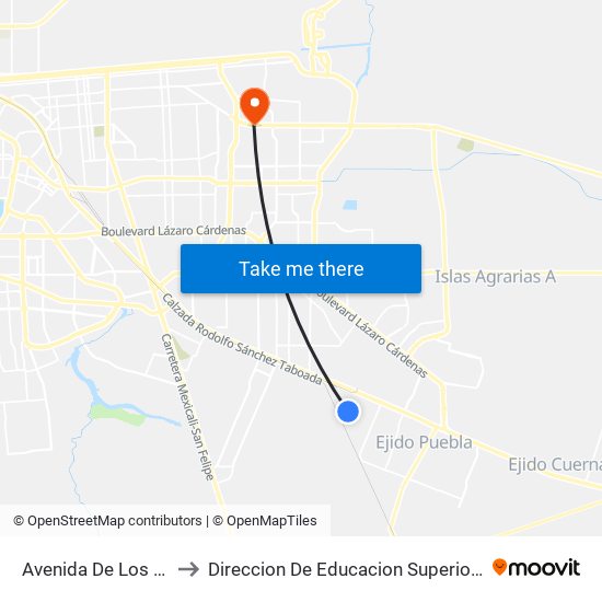 Avenida De Los Mosaicos / Tetela to Direccion De Educacion Superior E Investigacion Cetys Mexicali map