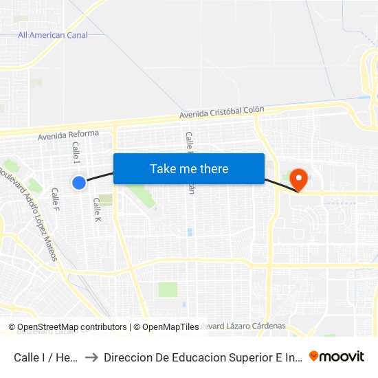 Calle I / Herreros Sur to Direccion De Educacion Superior E Investigacion Cetys Mexicali map