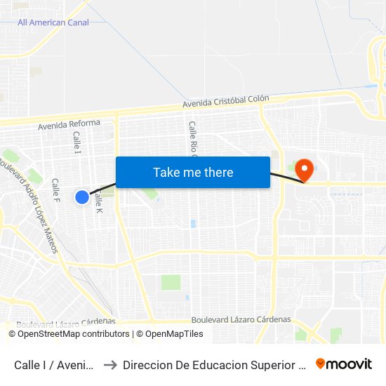 Calle I / Avenida Mineros Sur to Direccion De Educacion Superior E Investigacion Cetys Mexicali map