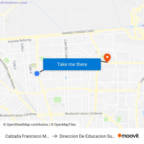 Calzada Francisco Montejano / Avenida Curtidores to Direccion De Educacion Superior E Investigacion Cetys Mexicali map