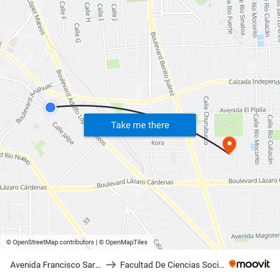 Avenida Francisco Sarabia / Cañitas to Facultad De Ciencias Sociales Y Politicas map