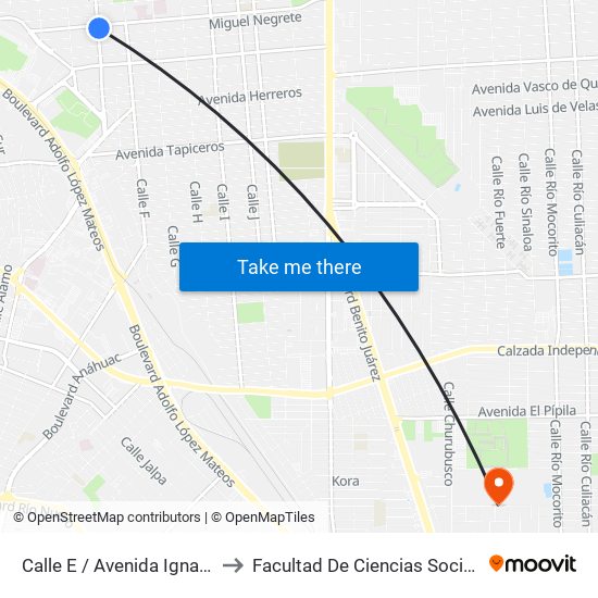 Calle E / Avenida Ignacio Zaragoza to Facultad De Ciencias Sociales Y Politicas map