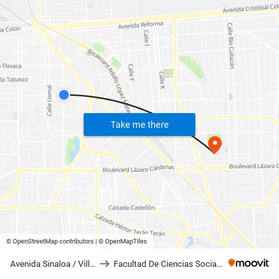 Avenida Sinaloa / Villa Hermosa to Facultad De Ciencias Sociales Y Politicas map