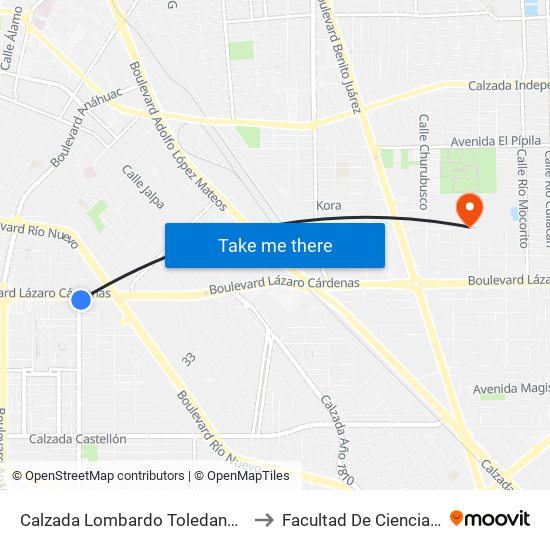 Calzada Lombardo Toledano / Boulevard Lázaro Cárdenas to Facultad De Ciencias Sociales Y Politicas map