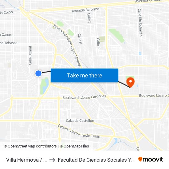 Villa Hermosa / Ixtlán to Facultad De Ciencias Sociales Y Politicas map