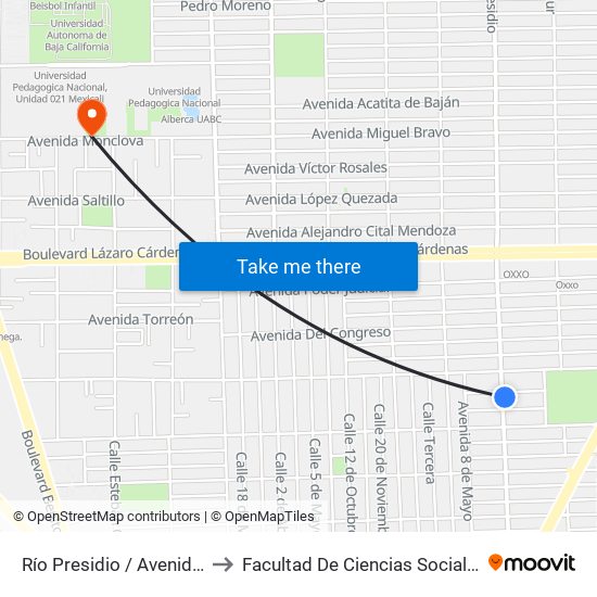 Río Presidio / Avenida Jiquilpan to Facultad De Ciencias Sociales Y Politicas map