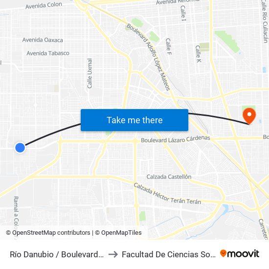 Río Danubio / Boulevard Lázaro Cárdenas to Facultad De Ciencias Sociales Y Politicas map