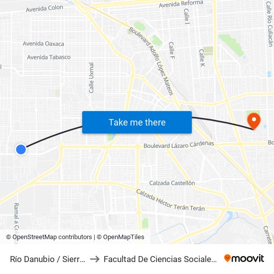 Río Danubio / Sierra Bonita to Facultad De Ciencias Sociales Y Politicas map