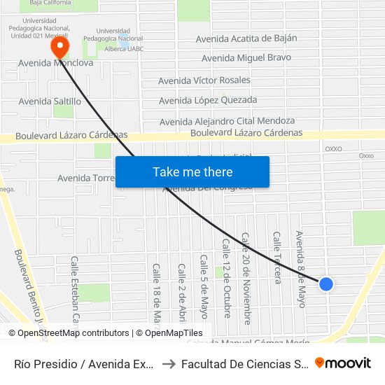 Río Presidio / Avenida Expropiación Petrolera to Facultad De Ciencias Sociales Y Politicas map