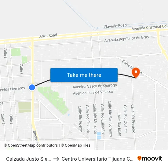 Calzada Justo Sierra, 950_1 to Centro Universitario Tijuana Campus Mexicali map