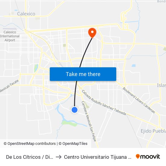 De Los Cítricos / Diego Álvarez to Centro Universitario Tijuana Campus Mexicali map