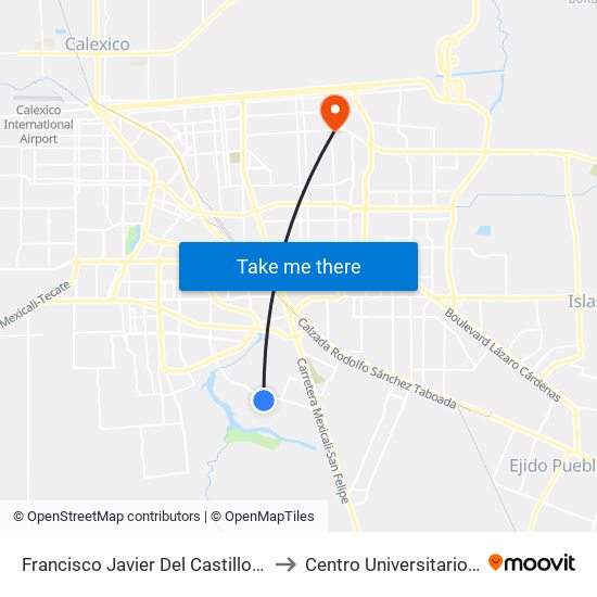 Francisco Javier Del Castillo / Avenida José María De La Fragua to Centro Universitario Tijuana Campus Mexicali map