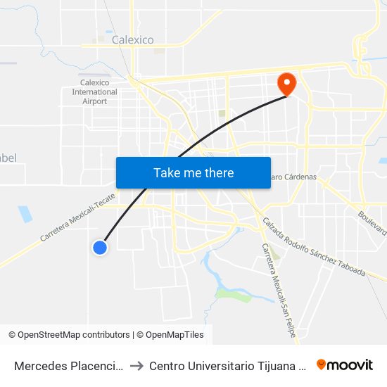 Mercedes Placencia / Calle Sur to Centro Universitario Tijuana Campus Mexicali map