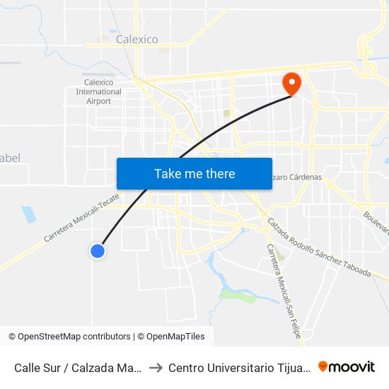 Calle Sur / Calzada Manuel Gómez Morín to Centro Universitario Tijuana Campus Mexicali map
