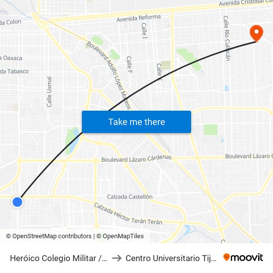 Heróico Colegio Militar / Francisco Moctezuma to Centro Universitario Tijuana Campus Mexicali map