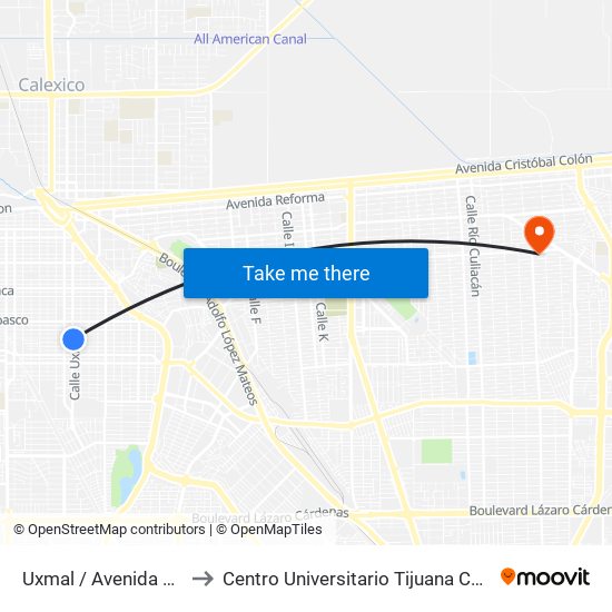 Uxmal / Avenida Zacatecas to Centro Universitario Tijuana Campus Mexicali map