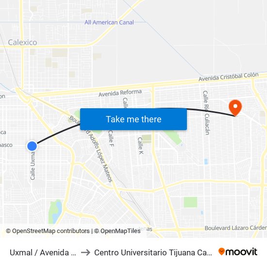 Uxmal / Avenida Tabasco to Centro Universitario Tijuana Campus Mexicali map