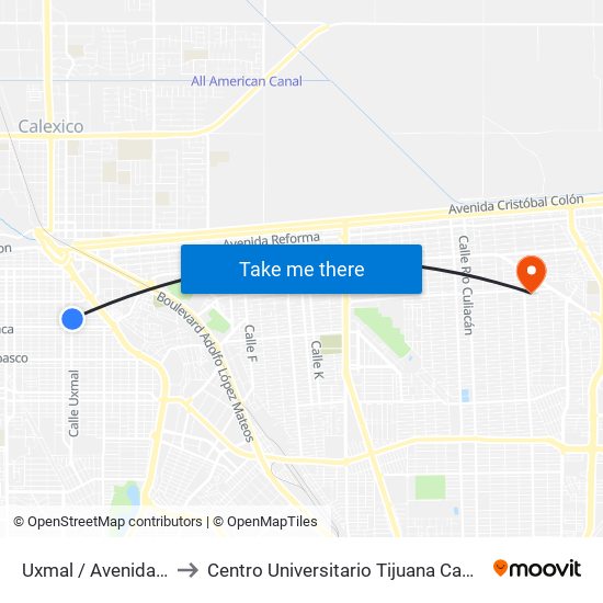 Uxmal / Avenida Nayarit to Centro Universitario Tijuana Campus Mexicali map