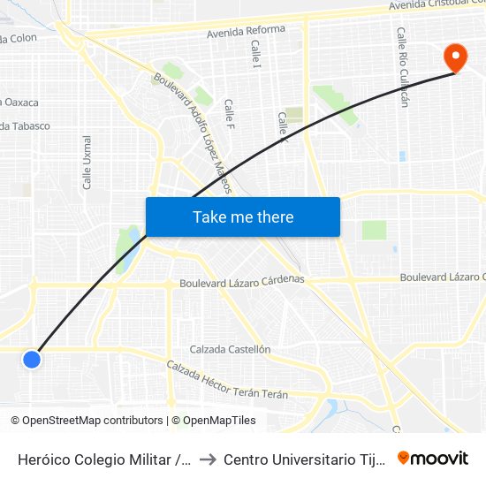 Heróico Colegio Militar / Francisco Moctezuma to Centro Universitario Tijuana Campus Mexicali map