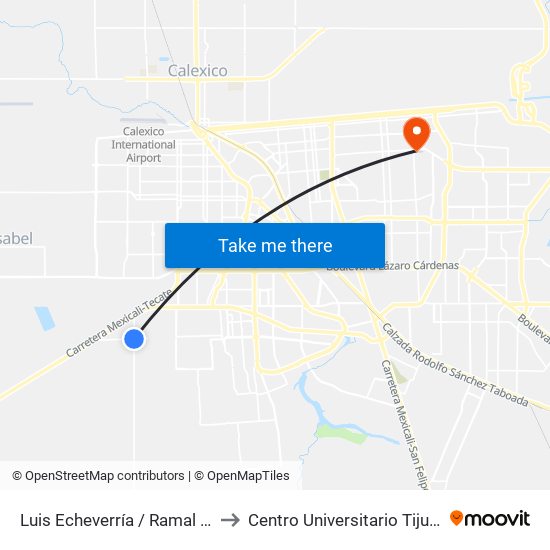 Luis Echeverría / Ramal A Colonia Ahumadita to Centro Universitario Tijuana Campus Mexicali map