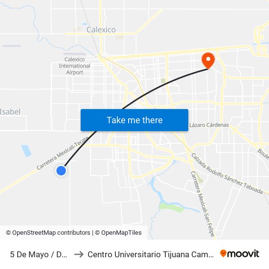 5 De Mayo / Doceava to Centro Universitario Tijuana Campus Mexicali map