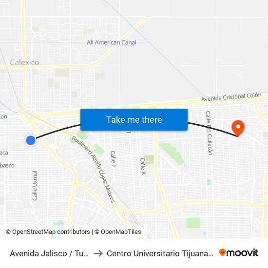 Avenida Jalisco / Tuxtla Gutiérrez to Centro Universitario Tijuana Campus Mexicali map
