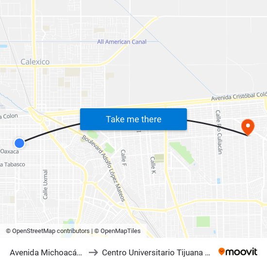 Avenida Michoacán / Cuyutlán to Centro Universitario Tijuana Campus Mexicali map