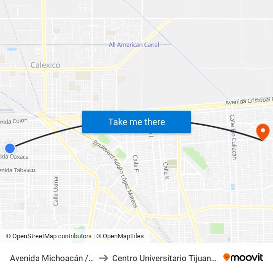 Avenida Michoacán / Mar De Cortez to Centro Universitario Tijuana Campus Mexicali map