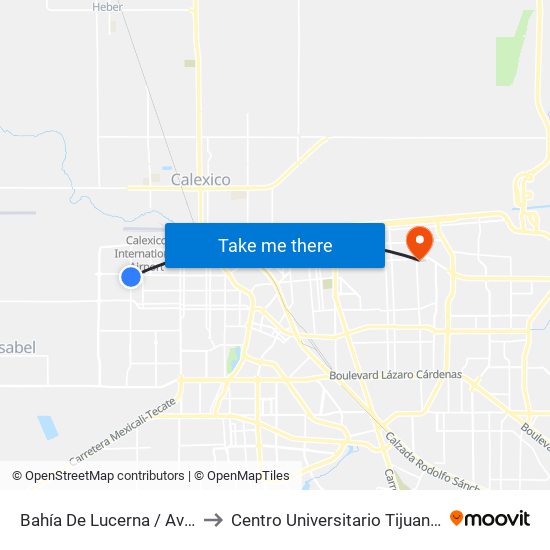 Bahía De Lucerna / Avenida El Rosario to Centro Universitario Tijuana Campus Mexicali map