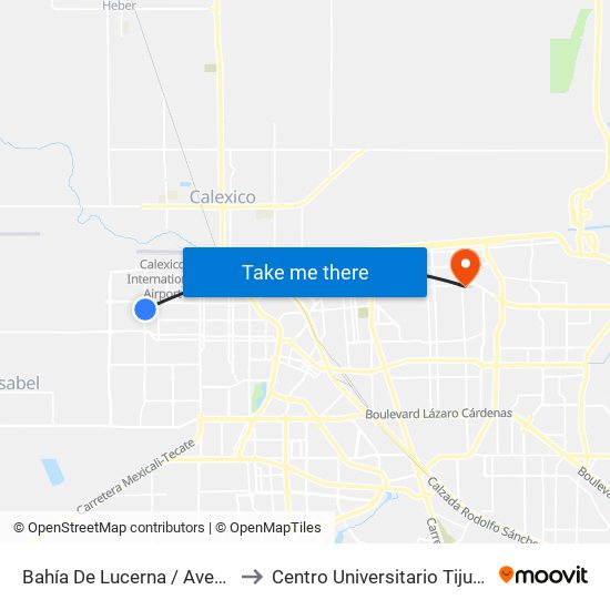 Bahía De Lucerna / Avenida Real Del Castillo to Centro Universitario Tijuana Campus Mexicali map