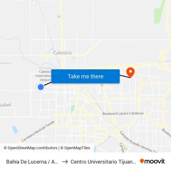 Bahía De Lucerna / Avenida Tabasco to Centro Universitario Tijuana Campus Mexicali map