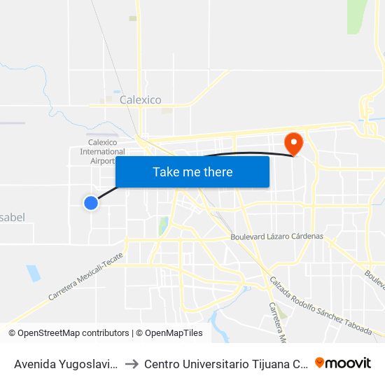 Avenida Yugoslavia / Bélgica to Centro Universitario Tijuana Campus Mexicali map