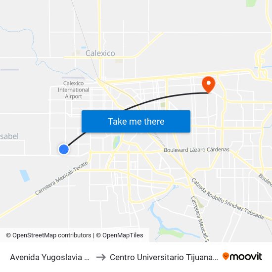 Avenida Yugoslavia / Arqueólogos to Centro Universitario Tijuana Campus Mexicali map