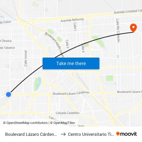 Boulevard Lázaro Cárdenas / Heróico Colegio Militar to Centro Universitario Tijuana Campus Mexicali map