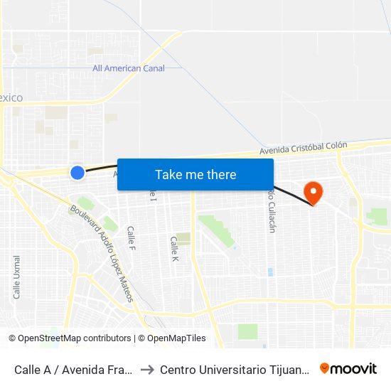 Calle A / Avenida Francisco Madero to Centro Universitario Tijuana Campus Mexicali map