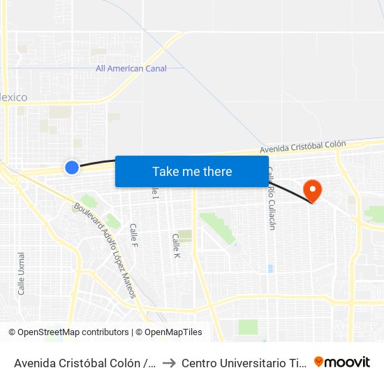 Avenida Cristóbal Colón / Pedro F. Pérez Y Ramírez to Centro Universitario Tijuana Campus Mexicali map