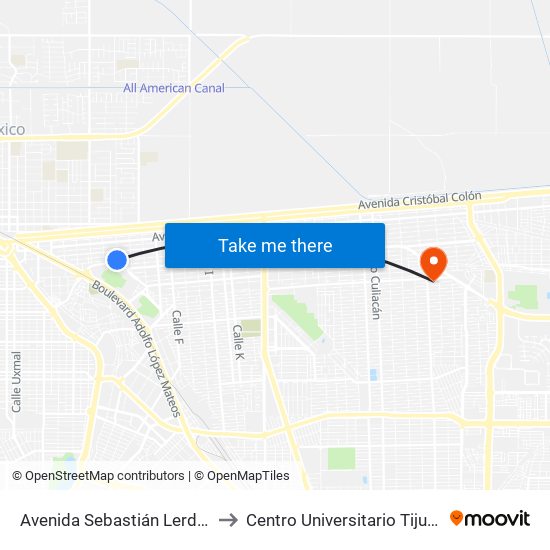 Avenida Sebastián Lerdo De Tejada / Calle B to Centro Universitario Tijuana Campus Mexicali map