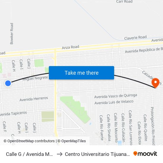 Calle G / Avenida Mariano Acosta to Centro Universitario Tijuana Campus Mexicali map