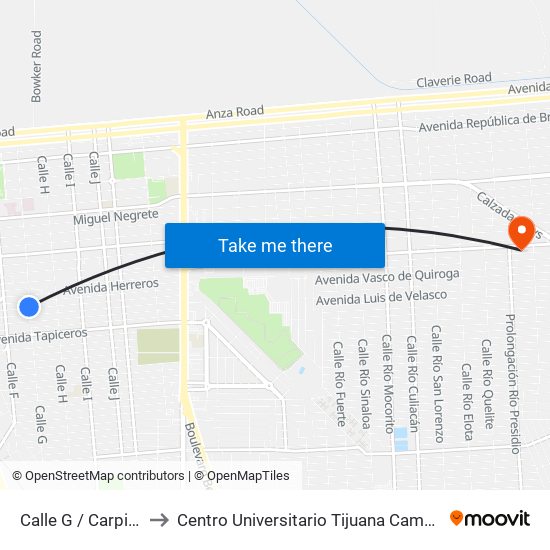 Calle G / Carpinteros to Centro Universitario Tijuana Campus Mexicali map