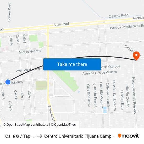 Calle G / Tapiceros to Centro Universitario Tijuana Campus Mexicali map