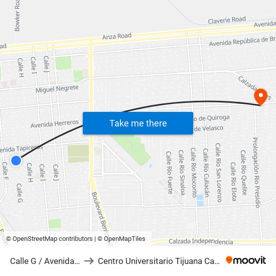 Calle G / Avenida Mineros to Centro Universitario Tijuana Campus Mexicali map